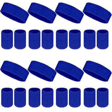 Imagem de O conjunto de 24 faixas de suor neon inclui 8 faixas esportivas e 16 pulseiras de algodão neon dos anos 80 para academia, tênis, basquete, corrida, exercícios (azul escuro)