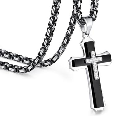 Imagem de FLHEART Colar de cruz bizantina para homens, colar com pingente de cruz de aço inoxidável prata preto masculino grosso resistente joia cristã presente 22/24 polegadas, 22In, Aço inoxidável, Sem Pedra