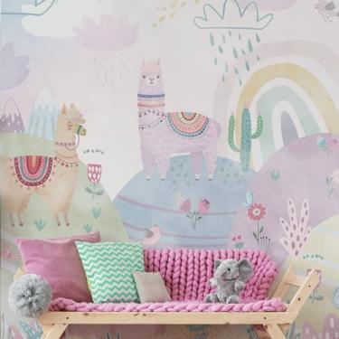 Imagem de Papel de Parede Quarto Menina Lhamas Tons Claros Painel 6m²