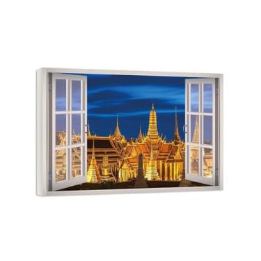 Imagem de Impressão lona janela falsa-Palácio noturno-Imagem arte parede paisagem-Pintura moderna para banheiro decoração 50x70cm20x27in Tela Embrulhada