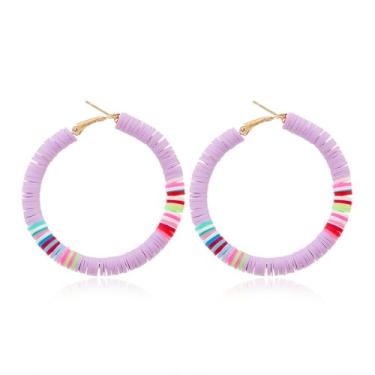 Imagem de Brincos de argola Boho Surfista Heishi com contas feitas à mão arco-íris colorido argila polímero grande disco de vinil africano contas redondas leves pendentes para mulheres boêmio verão praia férias