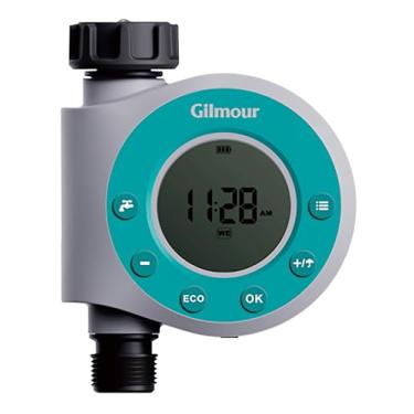 Imagem de Gilmour Temporizador de água de saída única para mangueira de jardim, sistema de irrigação automática programável, tela LCD, atraso de chuva, operado por bateria