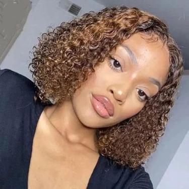 Imagem de ARILAY Peruca De Cabelo Humano Com Mechas, Cacheada E Solta, Para Mulheres Negras, Densidade 180%, P2/30, Castanho, Balayage Bob, 13X6, Renda Frontal, Nós Pré-Arrancados Descoloridos, 25 Cm