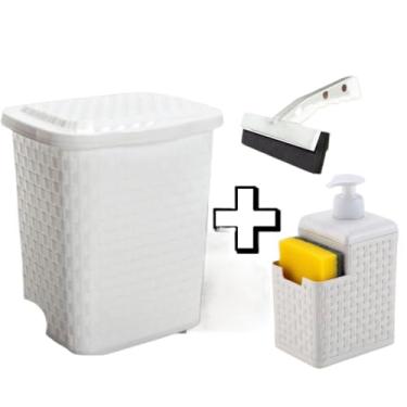 Imagem de Lixeira de rattan preta de um litro com tampa + suporte para detergente + roda de pia Conjunto de 3 peças (KIT BRANCO RATTAN)