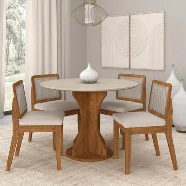 Imagem de Mesa Redonda Andria 4 Cadeiras Sextavadas Freijó/off/bouclé Off - M.a Freijó/off Premium/bouclé Off