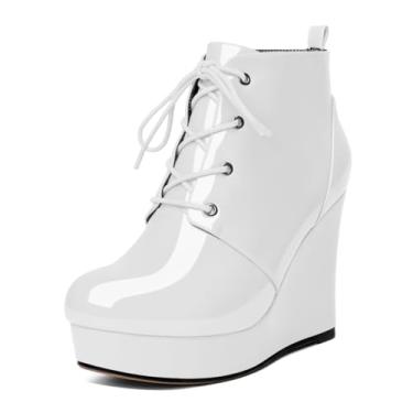 Imagem de Younton Botas femininas de cano curto plataforma plataforma bico redondo com cadarço salto cunha botas de salto alto 10 cm botas sociais quentes para festa noite sapatos, Branco envernizado, 35