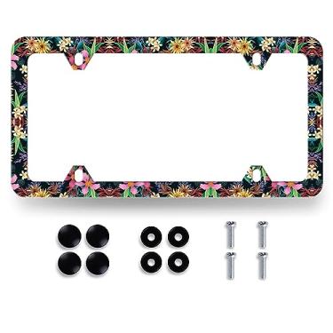 Imagem de Moldura de placa de licença de flores do Havaí lindo suporte de placa de licença floral tropical colorido aço inoxidável à prova de ferrugem peças automotivas engraçadas decoração de placa de licença com parafusos tamanho 31,2 cm x 16 cm feminino