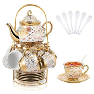 Imagem de Conjunto de chá de porcelana com suporte de metal, conjunto de chá para adultos, conjunto de chá de cerâmica europeu para adultos, conjunto de pires de xícara de chá de flores para festa com pintura