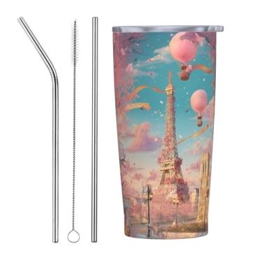 Imagem de Copo da Torre Eiffel de Paris com tampa e canudo 590 ml Copos de café de aço inoxidável à prova de vazamento Caneca de viagem com isolamento a vácuo para gelado e quente