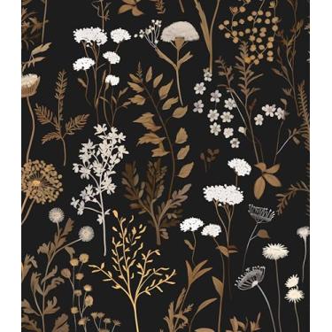 Imagem de Papel de parede floral escuro vintage descascar e colar, papel de contato dourado preto 44,5 cm x 1,000 cm, papel de parede botânico dourado antigo autoadesivo removível à prova d'água para quarto
