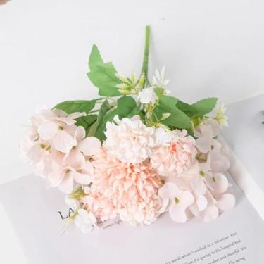 Imagem de Flores artificiais, cravo, hortênsia, crisântemo bulboso, buquê de seda para casamento, casa, jardim, área externa (4 peças/rosa claro)