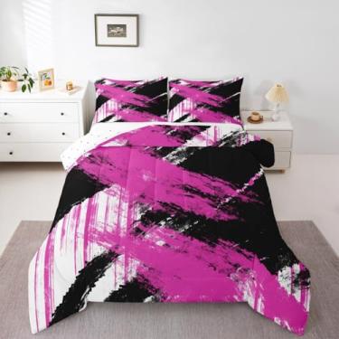 Imagem de jejeloiu Conjunto de edredom de arte abstrata, tamanho Queen, moderno, geométrico, para meninos, meninas, adolescentes, branco, preto, rosa, vermelho, edredom para decoração de quarto