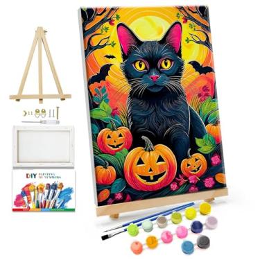 Imagem de JOOZ Kit de pintura por números para adultos com moldura, pintura de dia das bruxas, por número, com cavalete gato preto, kits de pintura a óleo em tela emoldurada, faça você mesmo, para presente