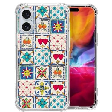 Imagem de Capa de telefone para iPhone 16 Plus, estampa xadrez de sol com azulejos coloridos de flor, elegante, durável, capa protetora transparente de TPU para meninas e mulheres