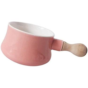 Imagem de Panela de leite esmaltada com cabo de madeira antiaderente de cerâmica, aquecedor de manteiga, frigideira, vaporizador para sopa, salada, macarrão, leite, 380 ml, rosa