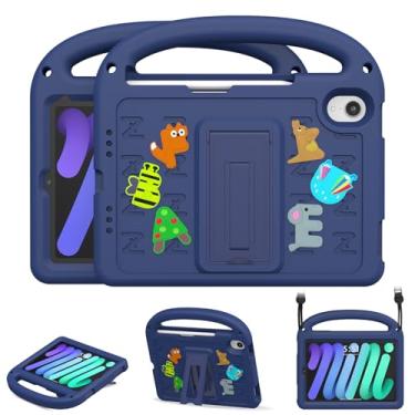 Imagem de AGROMI Capa infantil para iPad mini 7 (A17 Pro) 2024/iPad Mini 6 2021 8,3 polegadas, com suporte de lápis embutido/alça antiderrapante/suporte dobrável, capa protetora à prova de choque para iPad mini