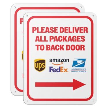 Imagem de 101SIGNCITY - 20 x 25 cm, 2 unidades, placa de entrega de embalagem de alumínio - Por favor, entregue todos os pacotes na placa da porta traseira com película protetora para uso ao ar livre