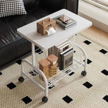 Imagem de Mesa Lateral de Apoio Canto Cabeceira Móvel com Rodinhas Branca em MDF para Notebook Leitura Sala Escritório Quarto Sofá Cama