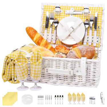 Imagem de Neti Neti Cesta de piquenique de vime para 4 pessoas com refrigerador isolado e cobertor impermeável – Grande cesto de piquenique de salgueiro para atividades ao ar livre, acampamento, praia