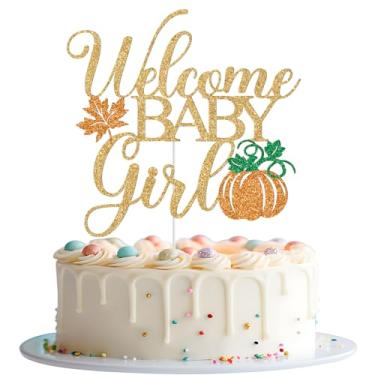 Imagem de Topo de bolo Welcome Baby Girl, decoração de bolo de chá de bebê de abóbora, doce abóbora pequena, tema outono Halloween decorações de festa chá de bebê dourado glitter