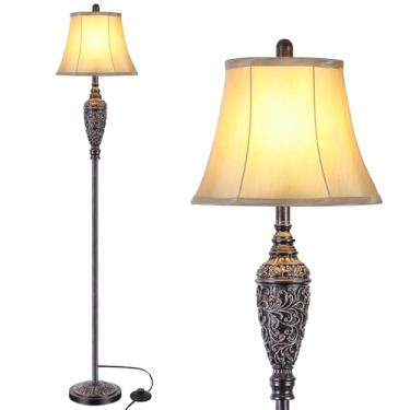 Imagem de Sheetea Candeeiro de chão vintage de 165 cm para sala de estar, luminária de pé tradicional com base de resina esculpida e interruptor de pé, lâmpada de mastro alto clássica de fazenda, quarto