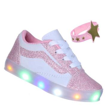 Imagem de Tenis Luminoso com Luz Pisca Branco Rosa Infantil Glitter - Pemania, 2