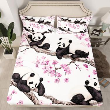 Imagem de Erosebridal Jogo de cama casal de panda floral, flor de cerejeira, urso branco e preto, ramo de árvore, animal selvagem, fofo, para crianças, meninos, meninas, adolescentes, rosa e branco
