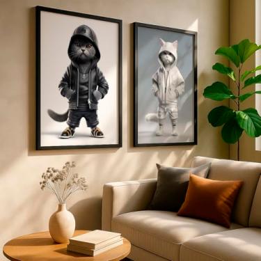Imagem de Kit 2 Quadros Decorativos Gatos Estilo Urbano Preto Branco Roupas Ilustração Moderna Divertida Pet Com Moldura