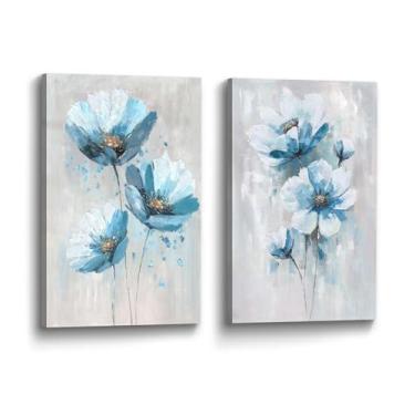 Imagem de Color Play Arte de parede em tela com imagem de flores: 2 peças de arte abstrata floral azul-petróleo vintage buquê pintura botânica para quarto, sala de estar, banheiro, escritório em casa