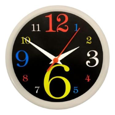 Imagem de Relógio de Parede Redondo 25cm Moldura Branca Fundo Preto Números Coloridos