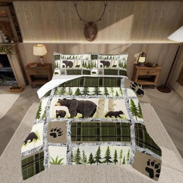 Imagem de Feelyou Conjunto de edredom de cabana rústica para crianças, adulto, tamanho casal, edredom de animais selvagens da floresta, patchwork de casa de fazenda, branco, verde, xadrez