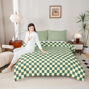 Imagem de Manfei Conjunto de edredom xadrez, xadrez verde e amarelo, simples, para quarto de adolescentes e jovens, geométrico, quadriculado, conjunto de colcha abstrata, 3 peças com 2 fronhas, casal