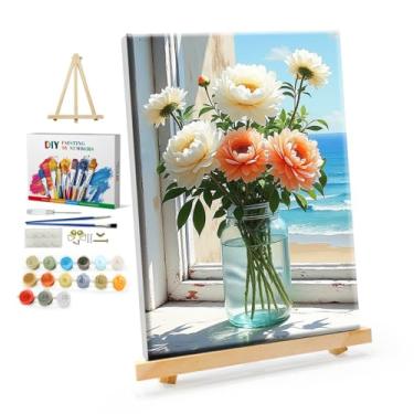 Imagem de YOYA Kit de pintura emoldurada por números para adultos – kit de pintura de flores por números em tela com cavalete, pintura de flores DIY por número tela emoldurada para decoração de parede de casa