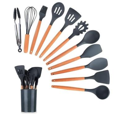 Imagem de Conjunto de Utensílios de Cozinha com 12 Peças, Silicone e Madeira, Cinza e Laranja, com Suporte, Inclui Espátula, Concha, Batedor