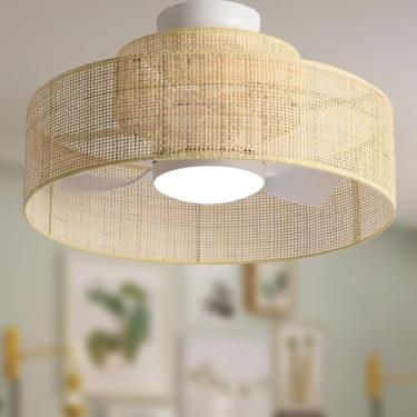 Imagem de Ventilador de teto regulável de bambu CC de 55,88 cm com luz e controle remoto, gaiola de vime de madeira boho boêmia tropical enjaulada lustre de montagem embutida para cozinha interna e quarto