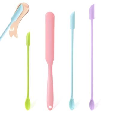 Imagem de 4 espátulas de maquiagem, conjunto de espátulas de silicone, mini espátulas, espátulas de beleza reutilizáveis para cremes, loções, óleos essenciais e outros cosméticos, espátula pequena para garrafas