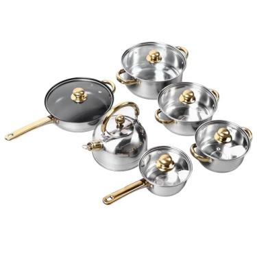 Imagem de Conjunto de utensílios de panela de panelas de cozinha Manunha dourada de aço inoxidável elegante design moderno de 12 peças inclui vários tamanhos para cozinhar chefs