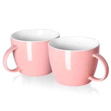 Imagem de fMSDD Conjunto de 2 canecas de café extra grandes, de cerâmica rosa, copo de café da manhã de 850 g e tigela de sopa com alça, seguro para lava-louças e micro-ondas, xícara de chá grande, presente e