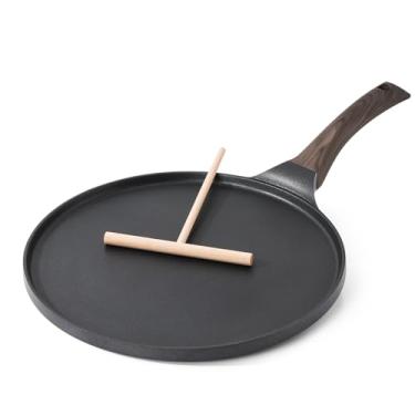 Imagem de SENSARTE Frigideira de crepe antiaderente, revestimento de granito suíço, frigideira plana para panqueca Tawa, 25 cm com alça para ficar fria, compatível com indução (preto)