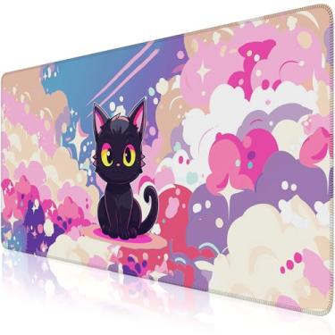 Imagem de iCasso Tapete de mesa fofo, tapete de mesa grande de 90 x 40 cm, tapete de mesa antiderrapante com bordas costuradas, mouse pad de gato kawaii para mulheres, tapete de computador de anime para
