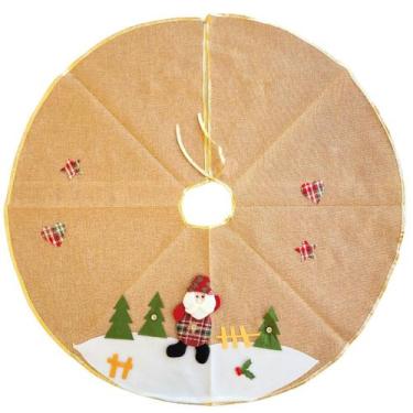 Imagem de Saia para Árvore de Natal Linho Bege e Dourado Pelúcia Papai Noel 90cm