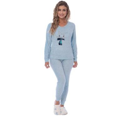 Imagem de Pijama Feminino Longo Adulto Plush Quente Inverno Victory, Azul claro,