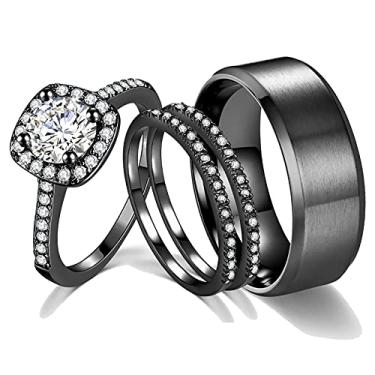 Imagem de Ahloe Jewelry CEJUG 2Ct Conjunto de alianças de casamento de ouro preto 18k para mulheres e homens dela dele alianças de titânio anéis de casal de aço inoxidável CZ, Pedra, Zircônia cúbica