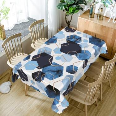 Imagem de SIEDYCV Toalha de mesa geométrica moderna azul dourada branca, 137 x 192 cm, elegante, hexágonos, arte abstrata, tecido de textura de mármore, capa de mesa impermeável para cozinha, sala de jantar