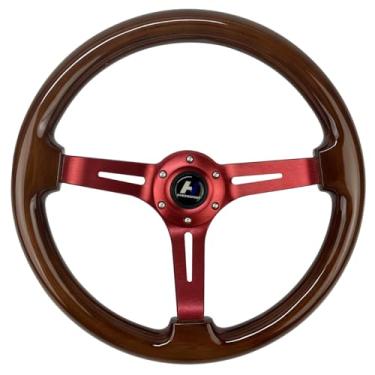 Imagem de Hiracing Volante universal de grão de madeira clássico de 35,5 cm, vermelho, escovado, 3 raios, 7,6 cm de profundidade, com botão de buzina, 6 parafusos (27)