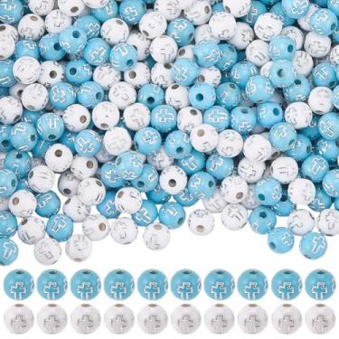 Imagem de SOFPLATE 500 peças de contas redondas cruzadas crucifixo contas acrílicas prata Páscoa cruz padrão branco azul bola espaçadores soltos em forma de bola para pulseiras, brincos, colares, joias, faça