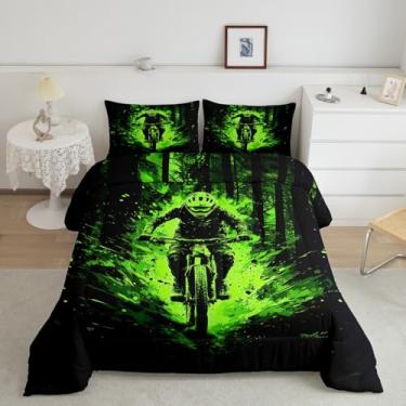 Imagem de Feelyou Conjunto de cama infantil Dirt Bike, tamanho Queen, motocicleta, motocross, ultramacio, esportes radicais, decoração de quarto, verde
