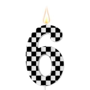 Imagem de Vela de aniversário temática de carros de corrida, número xadrez, velas pretas e brancas, enfeite de bolo de feliz aniversário, decorações de festa para meninos, carros de corrida, suprimentos de
