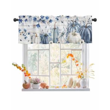 Imagem de Cortinas de Dia de Ação de Graças para Janela de Cozinha 137 x 45 cm, Bolso de Haste de Madeira de Abóbora Folha de Bordo Azul Pequena Cortina para Sala de Estar Letras Vintage Sanefas para Janelas
