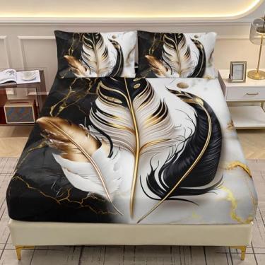 Imagem de AILONEN Jogo de lençol casal com penas com estampa de penas, preto e branco, 3 peças, 1 lençol com elástico + 2 fronhas, macio